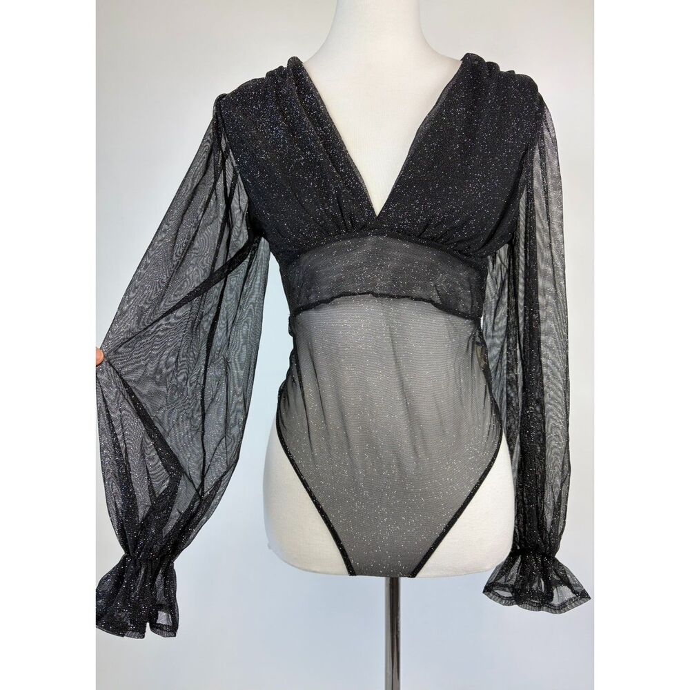 Mystical Dark Fairy Sheer Mesh Glitter Bodysuit Size L Whimsigoth Romantic